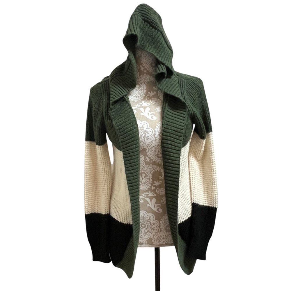 Bass Women’s Hooded Open Front Cardigan Sweater Green Cream Black Striped Size M - Picture 10 of 10